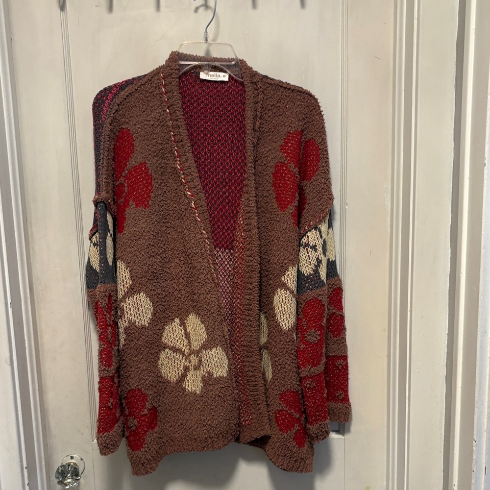 Mello Daisy Oversized Terry Knit Floral Patterned Brown Sweater Small